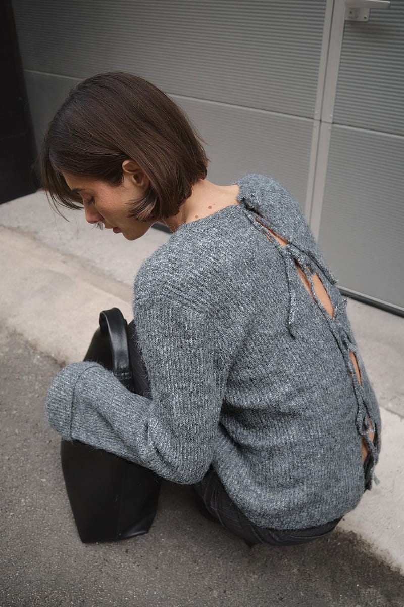Knitted Tie Back Detail Sweater - Grey