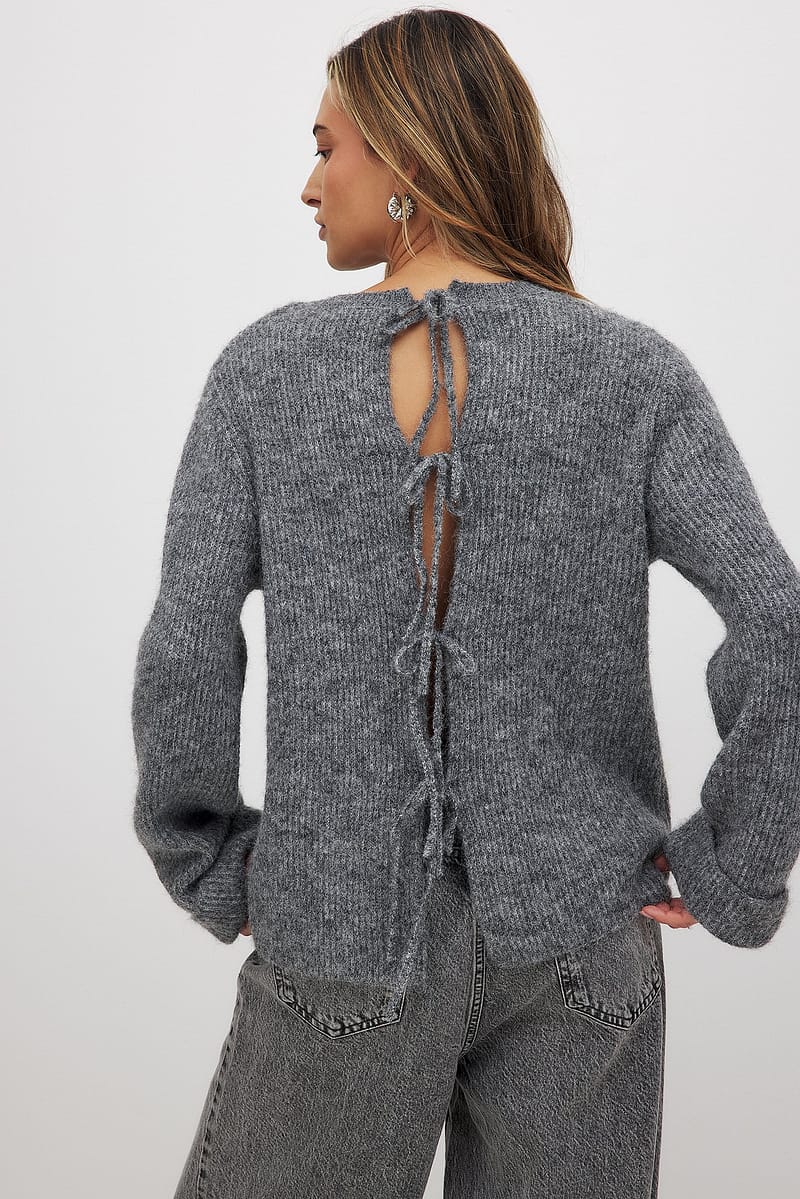 Knitted Tie Back Detail Sweater - Grey