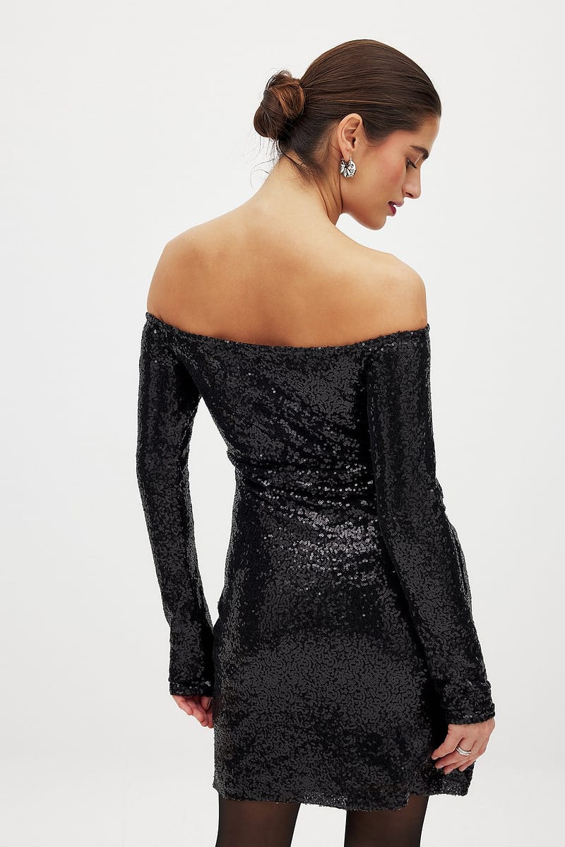 Off Shoulder Sequin Mini Dress - Black