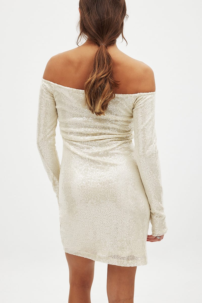 Off Shoulder Sequin Mini Dress - Offwhite
