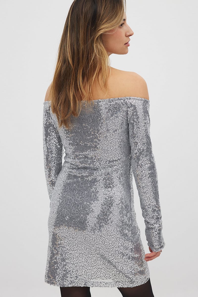 Off Shoulder Sequin Mini Dress - Silver
