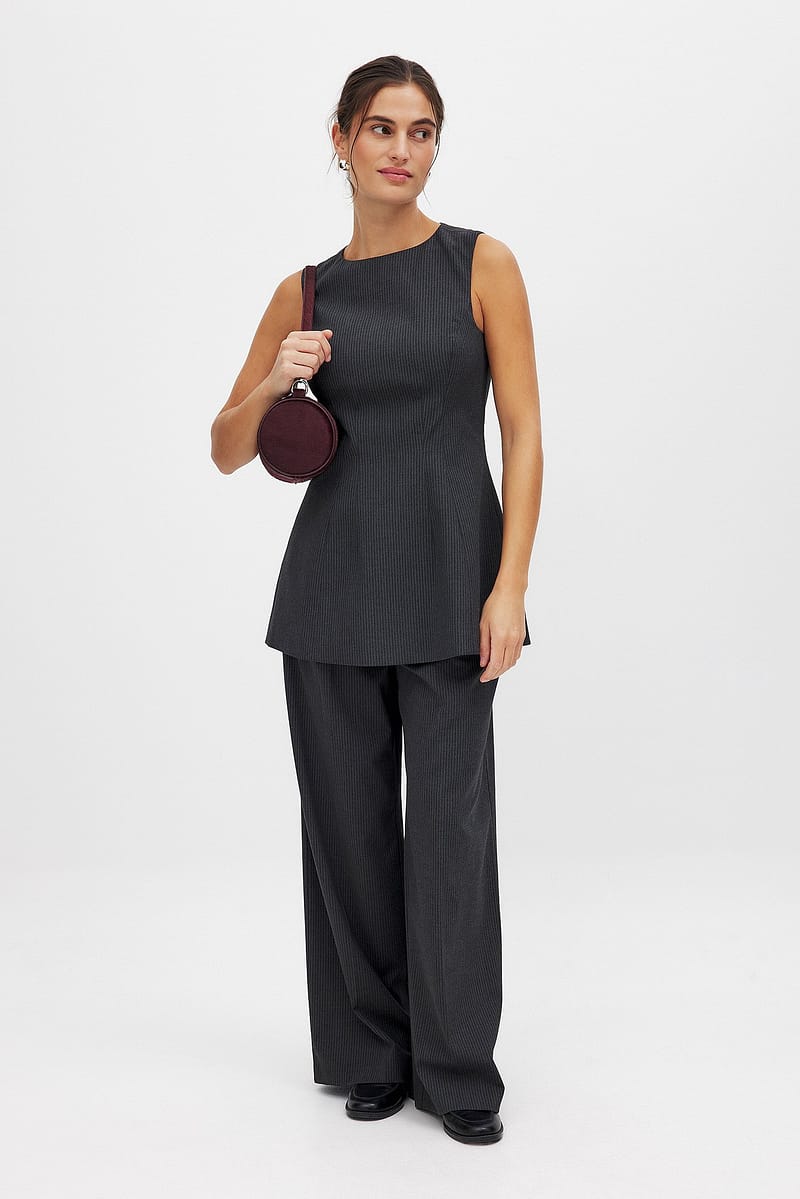 Striped Wide Leg Suit Pants - Grey