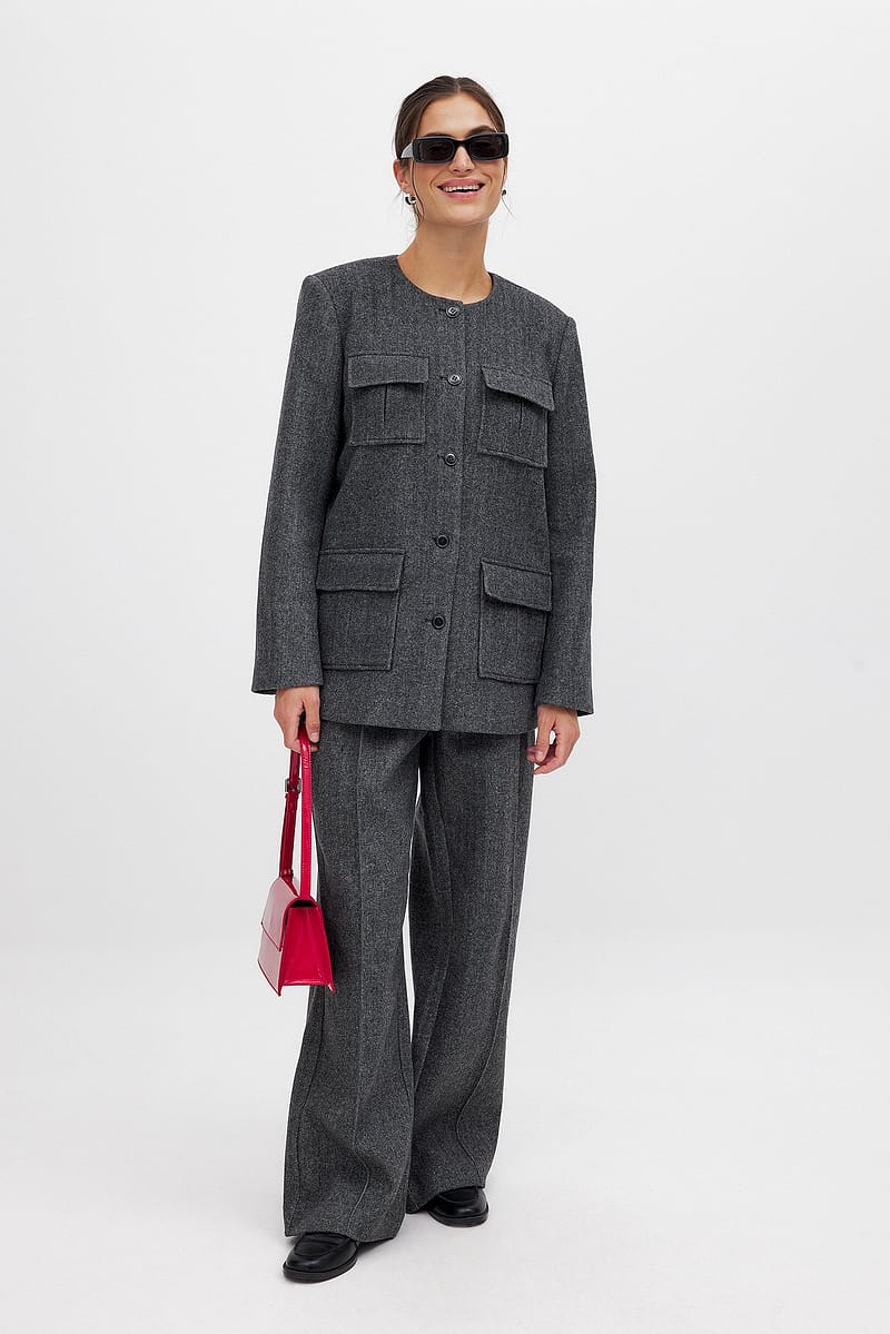 Mid Waist Herringbone Trousers - Dark Grey