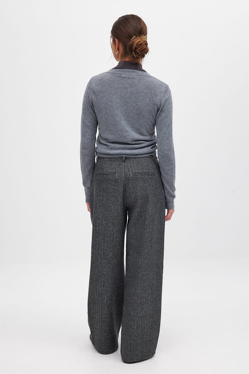 Mid Waist Herringbone Trousers - Dark Grey
