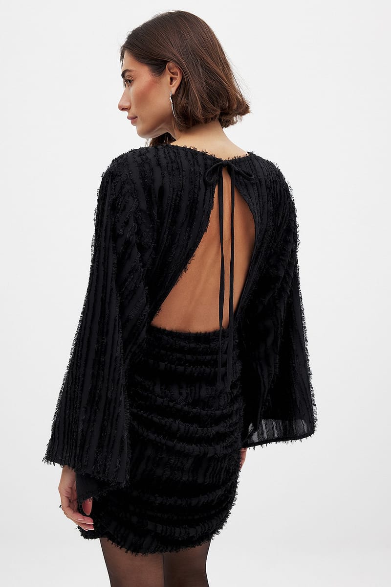 Open Back Fringe Mini Dress - Black