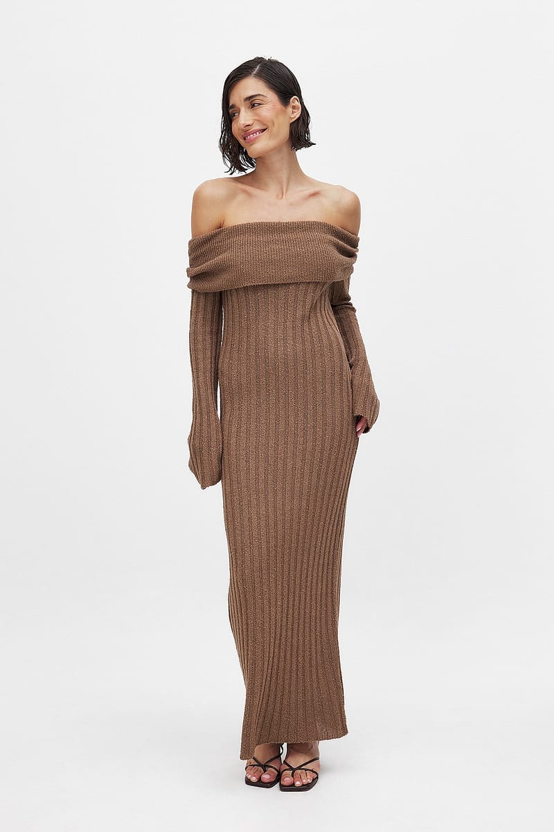 Knitted Offshoulder Midi Dress - Brown