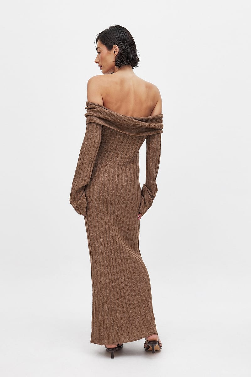 Knitted Offshoulder Midi Dress - Brown