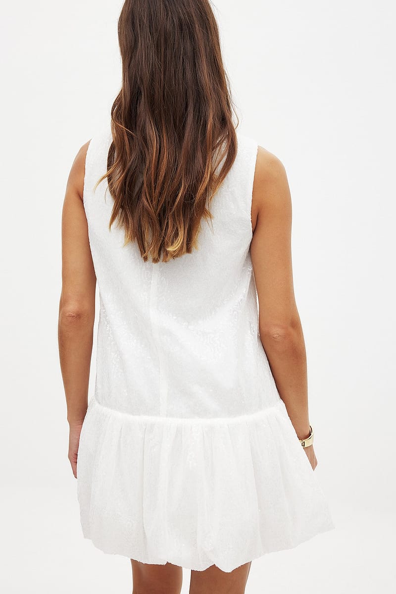 Sequin Bubble Hem Mini Dress - White