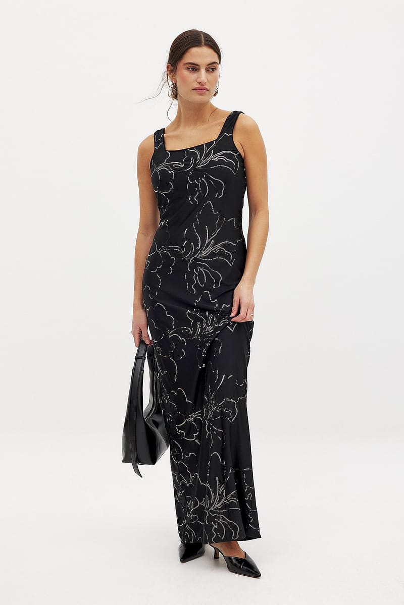 Pattern Sequin Maxi Dress - Black