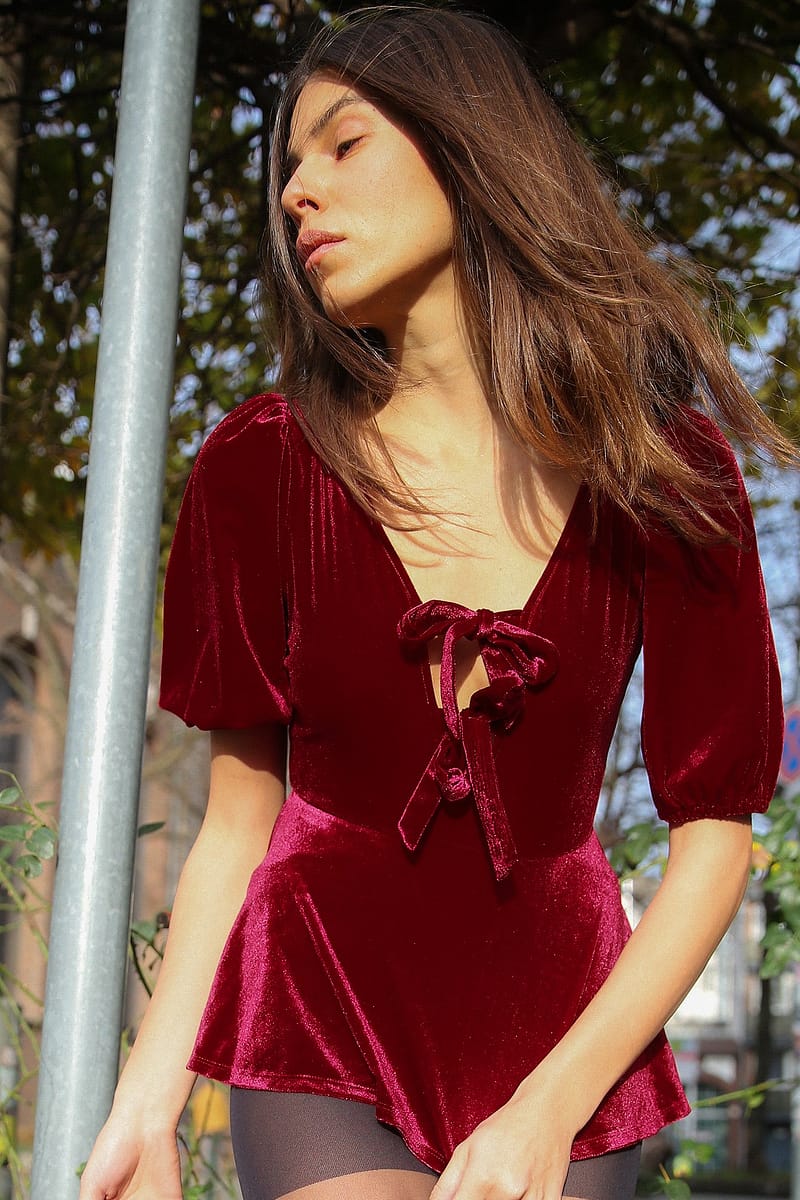 Puff Sleeve Velvet Top - Red