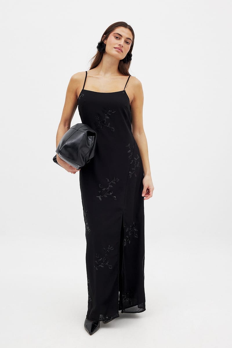 Sequin Embroidered Maxi Dress - Black