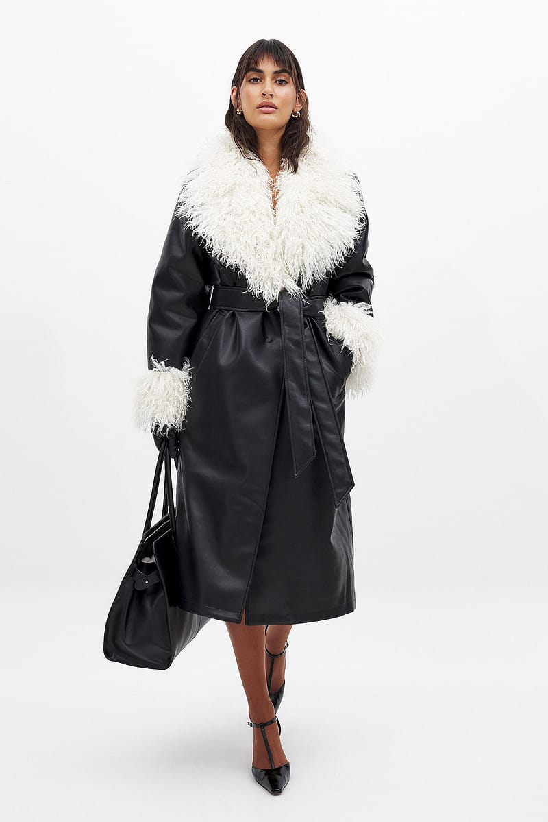 Belted Pu Bonded Long Coat - Black