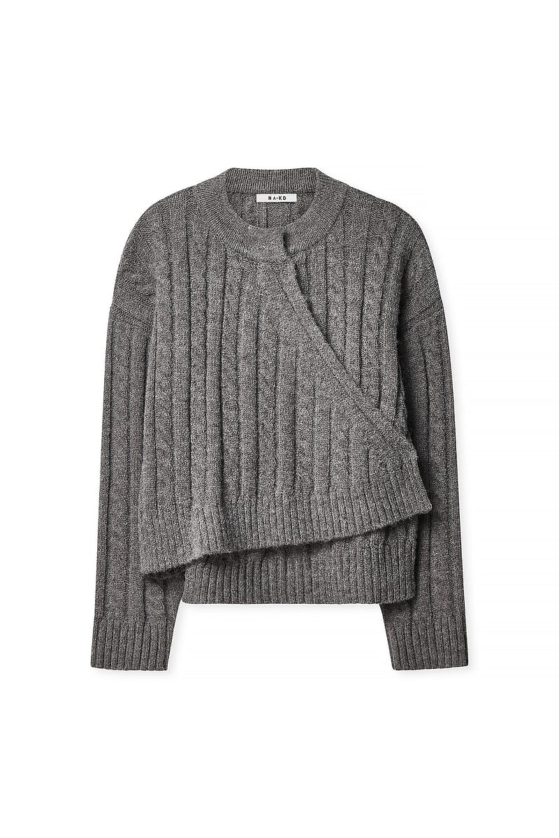 Cable Knitted Wrap Sweater - Dark Grey