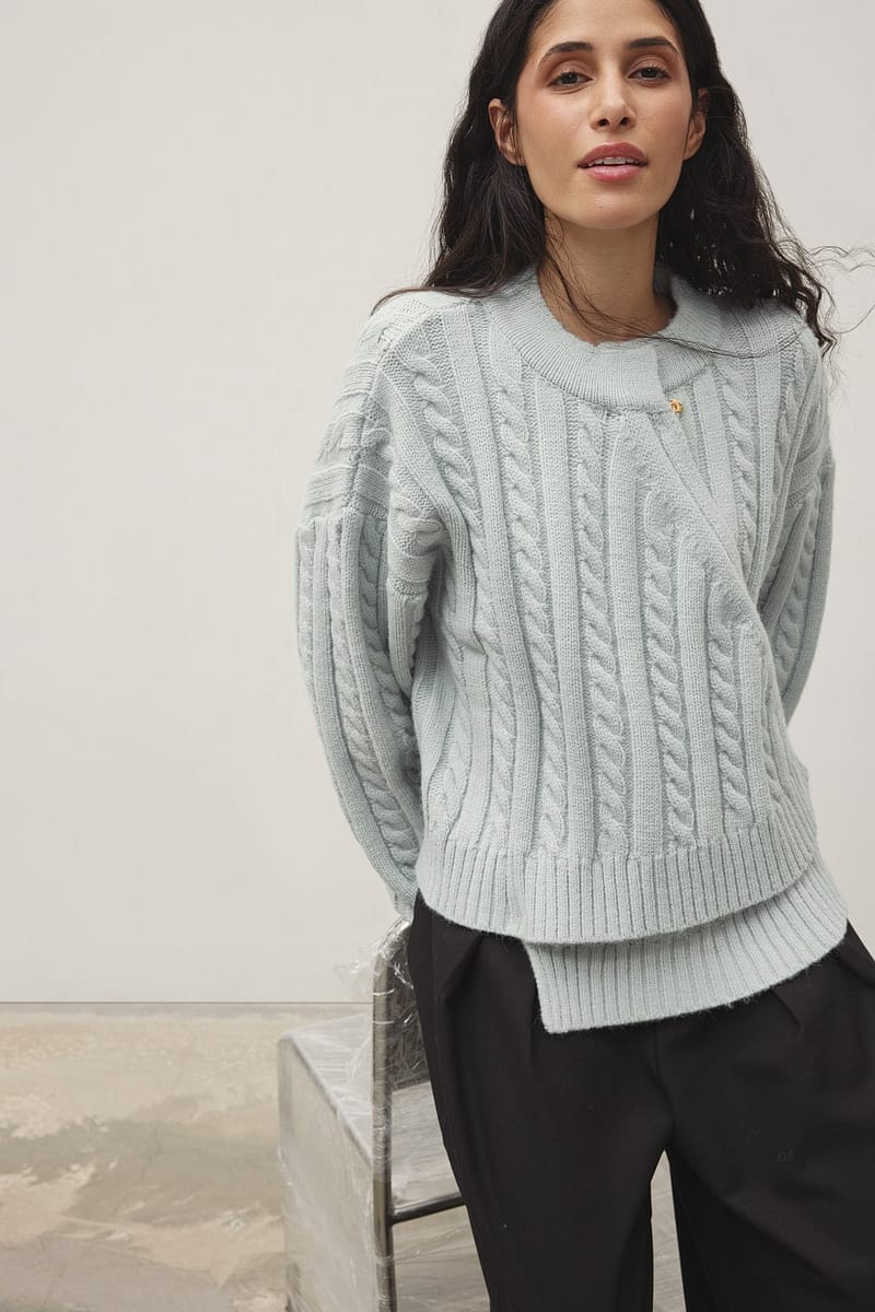 Cable Knitted Wrap Sweater - Light Blue