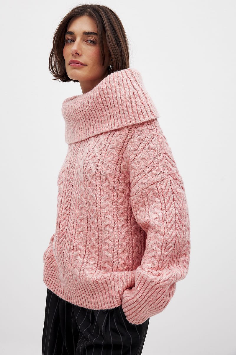 Cable Knitted Off Shoulder Sweater - Pink