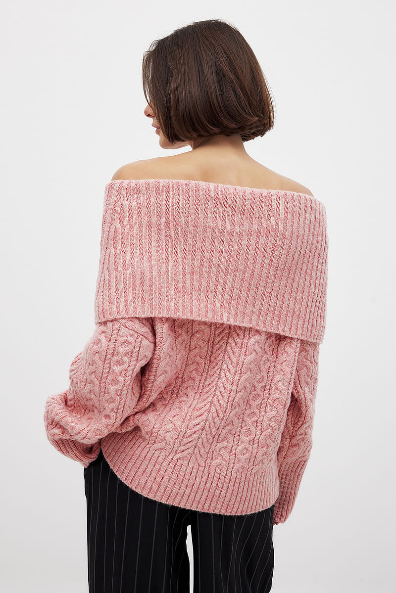 Cable Knitted Off Shoulder Sweater - Pink