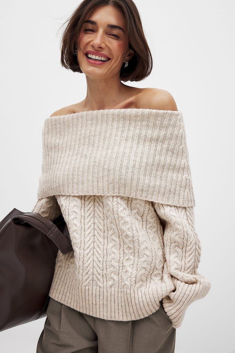 Cable Knitted Off Shoulder Sweater - Beige