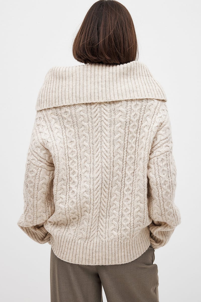 Cable Knitted Off Shoulder Sweater - Beige