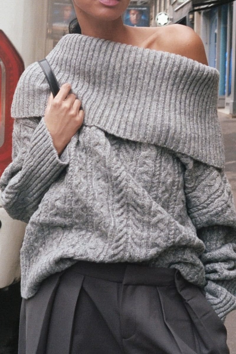 Cable Knitted Off Shoulder Sweater - Grey