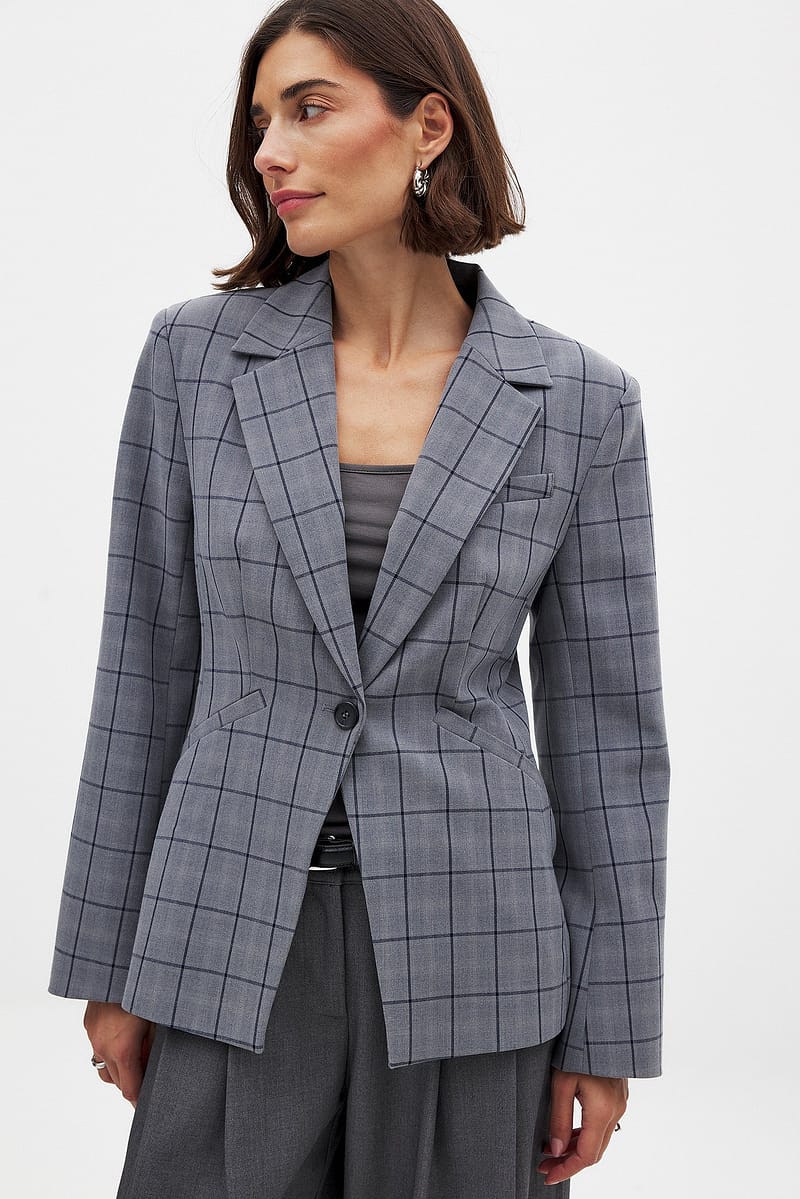 Checked Fitted Blazer - Checkered / Grey