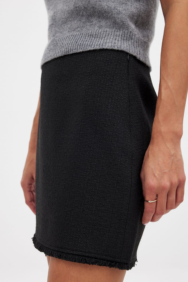 Fringed Mini Tweed Skirt - Black