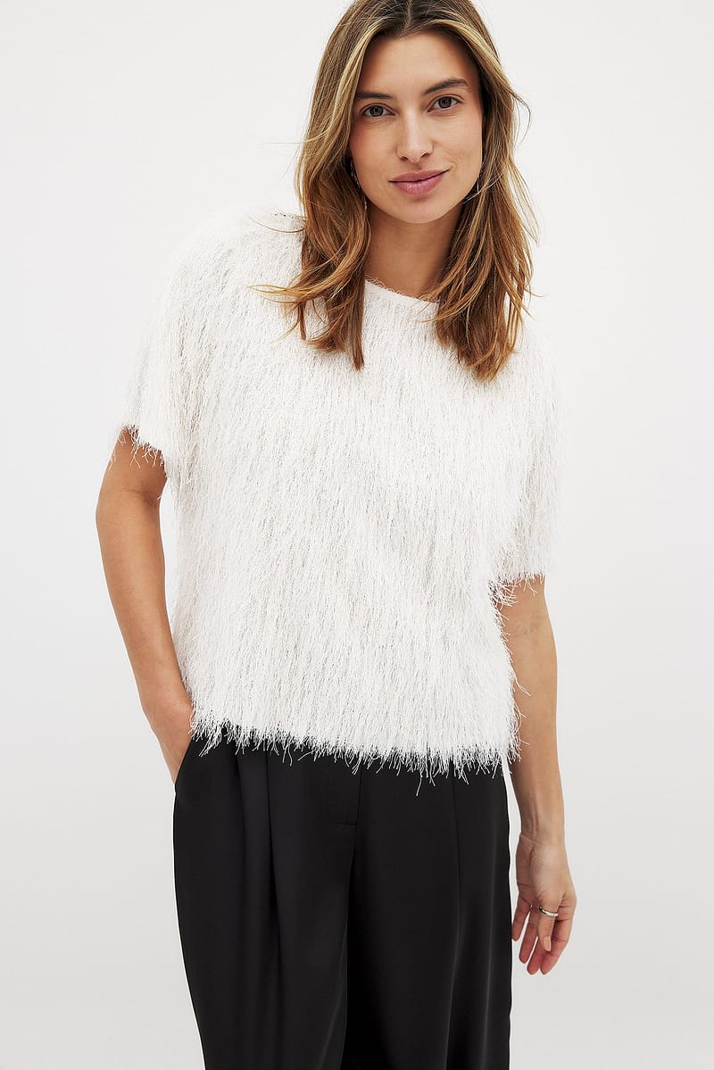 Short Sleeve Fringe Top - Offwhite