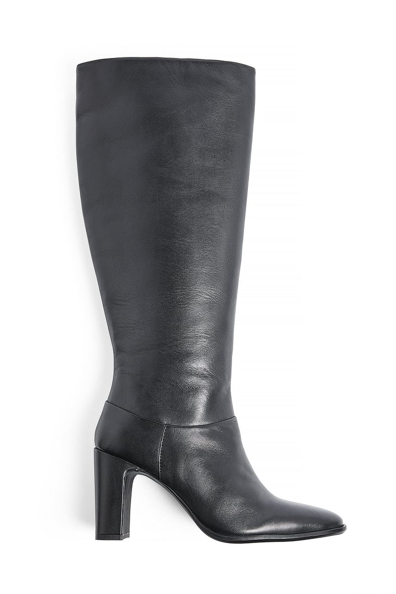 Rounded Toe Leather Knee High Boots - Black