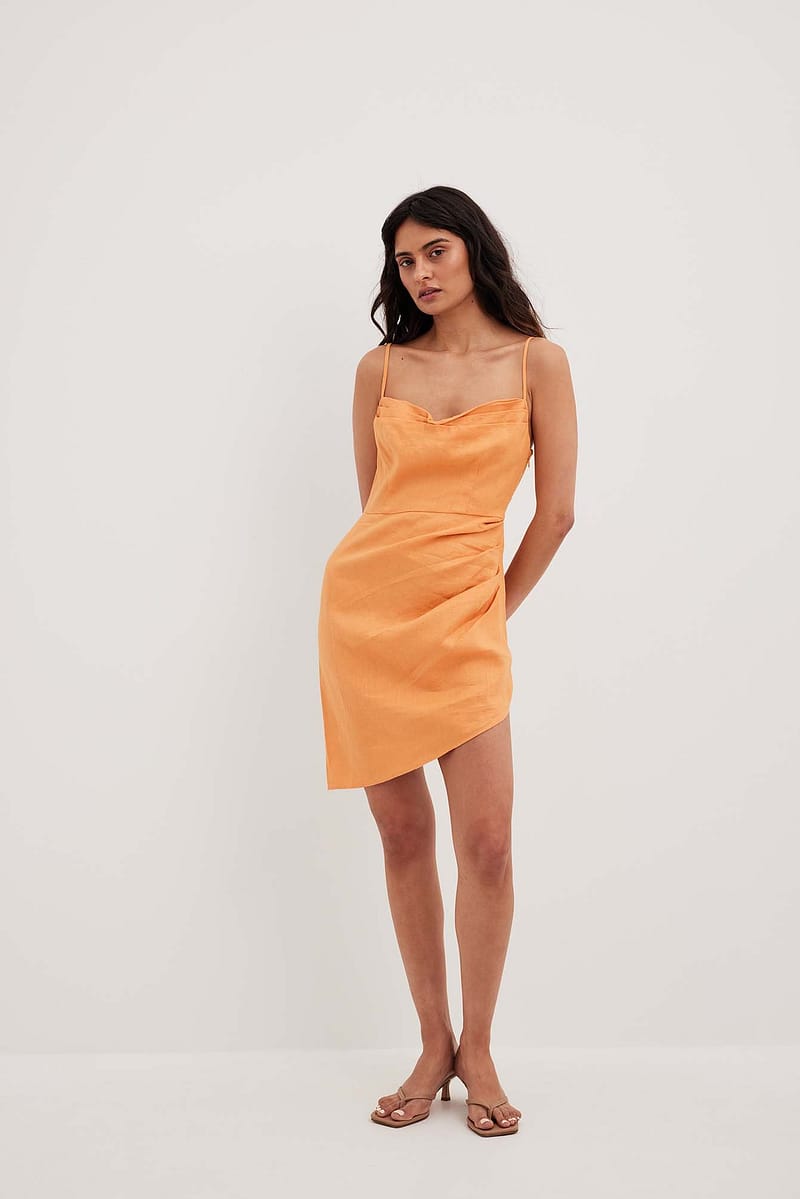 Overlap Waterfall Linen Dress - Orange