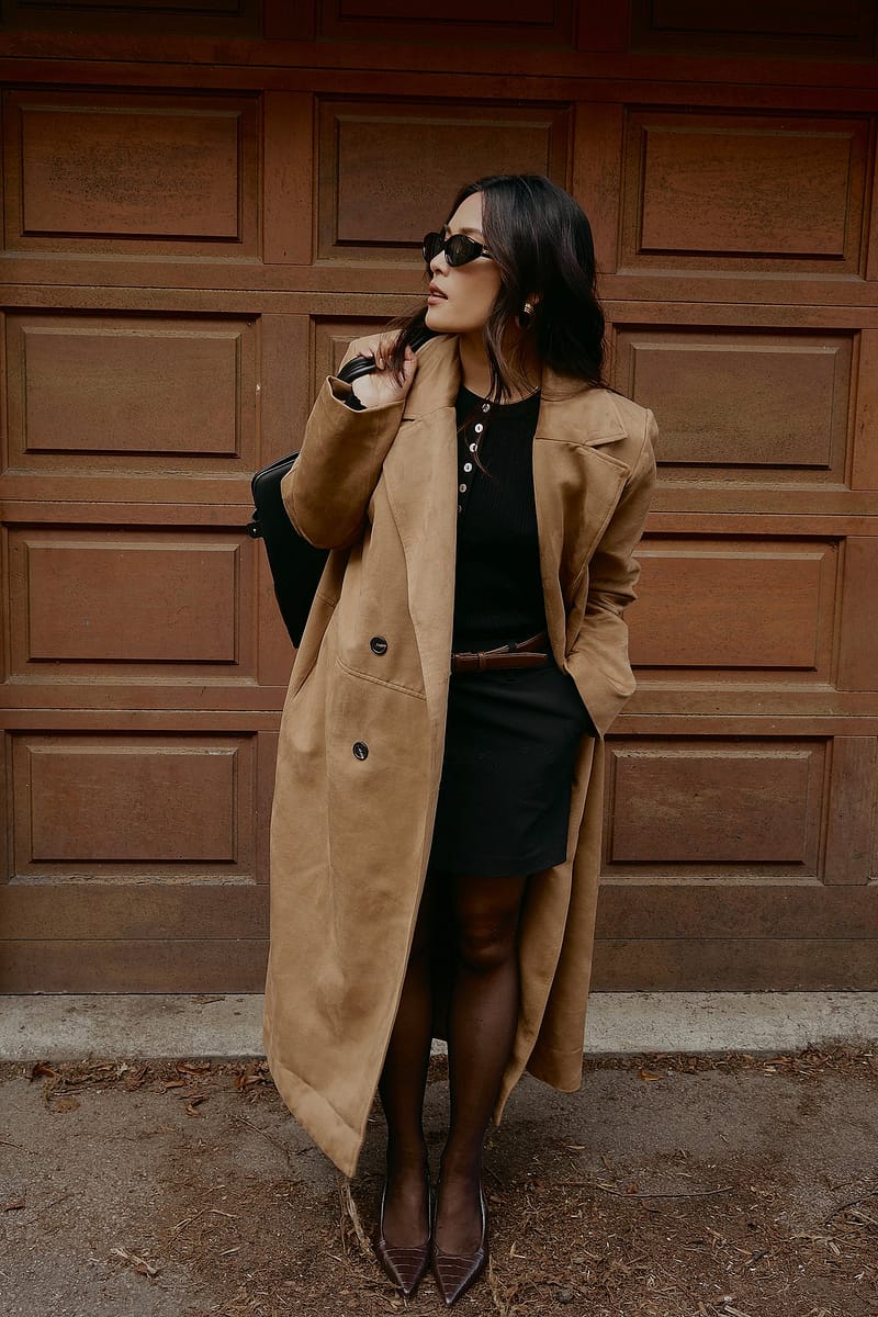 Faux Suede Double Breasted Coat - Beige