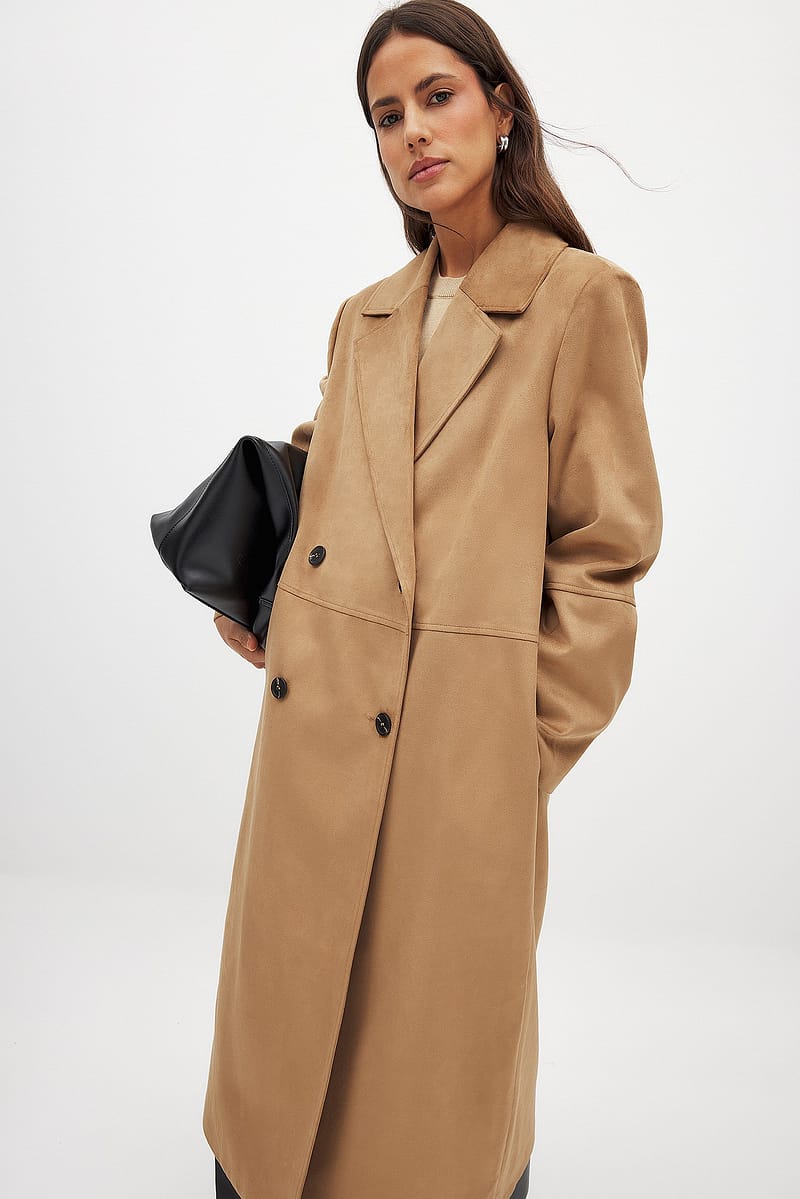 Faux Suede Double Breasted Coat - Beige