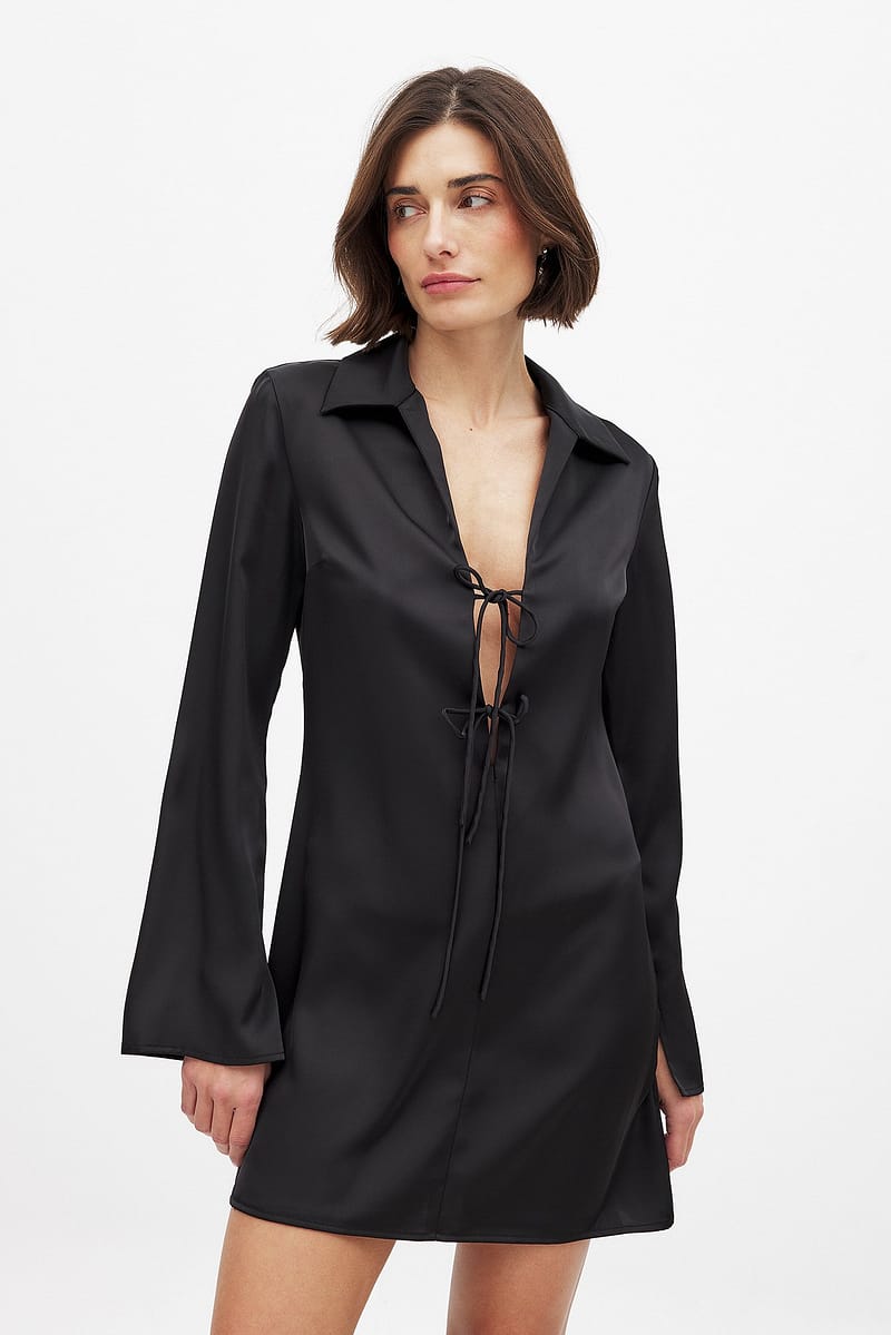 Satin Tie Front Mini Dress - Black
