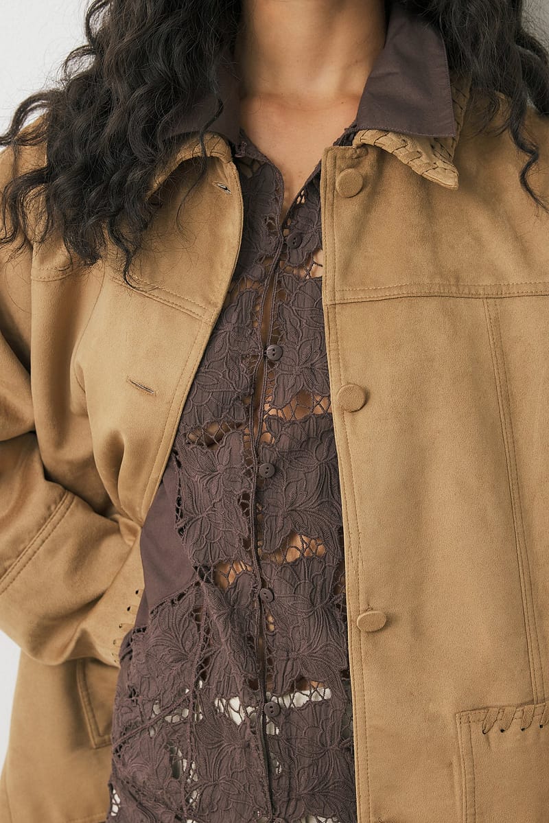 Faux Suede Seam Detail Jacket - Brown