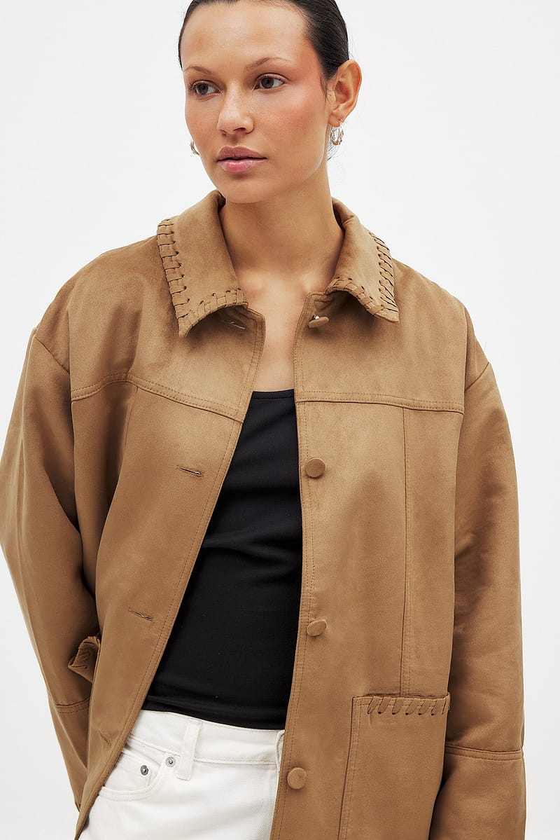 Faux Suede Seam Detail Jacket - Brown