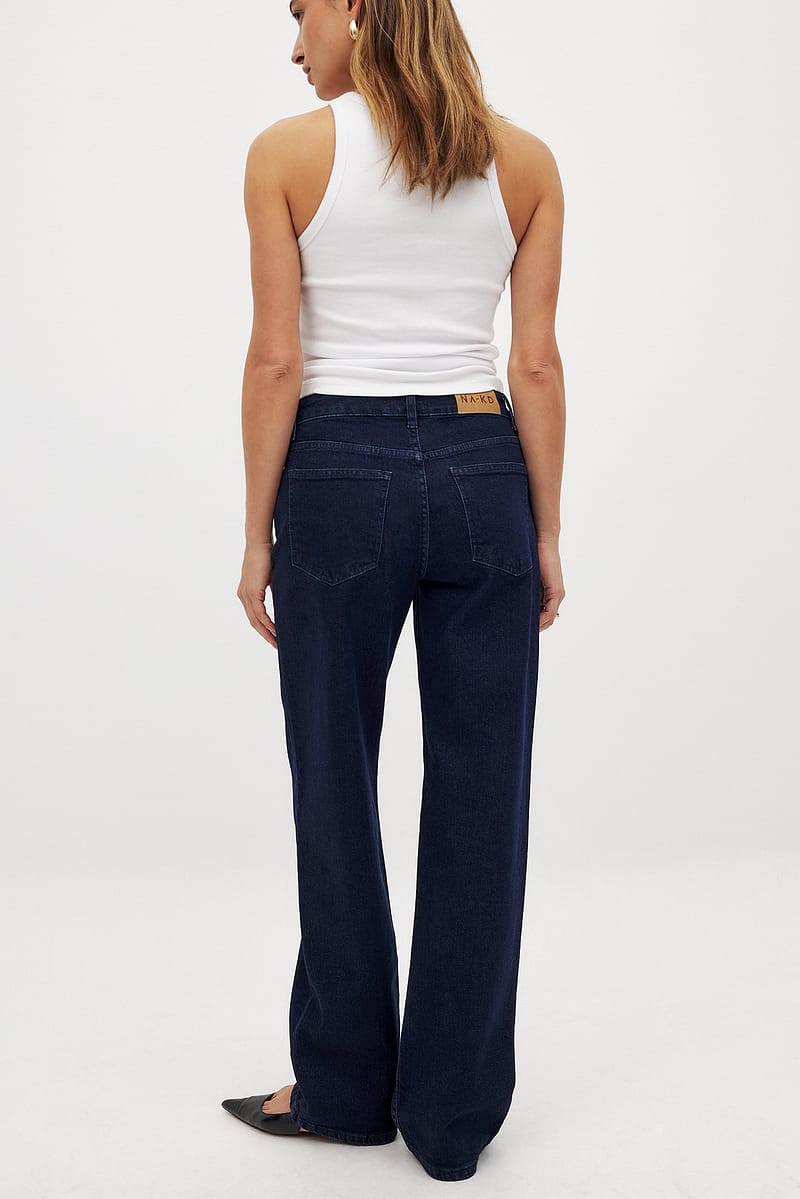 Mid Waist Slim Straight Denim - Blue