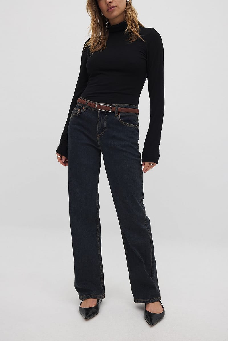 Mid Waist Slim Straight Denim - Dark Blue