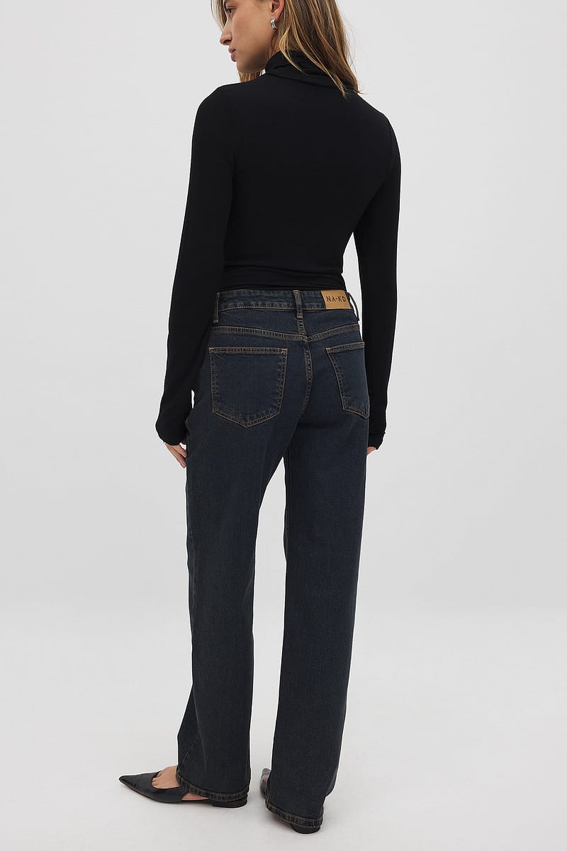 Mid Waist Slim Straight Denim - Dark Blue