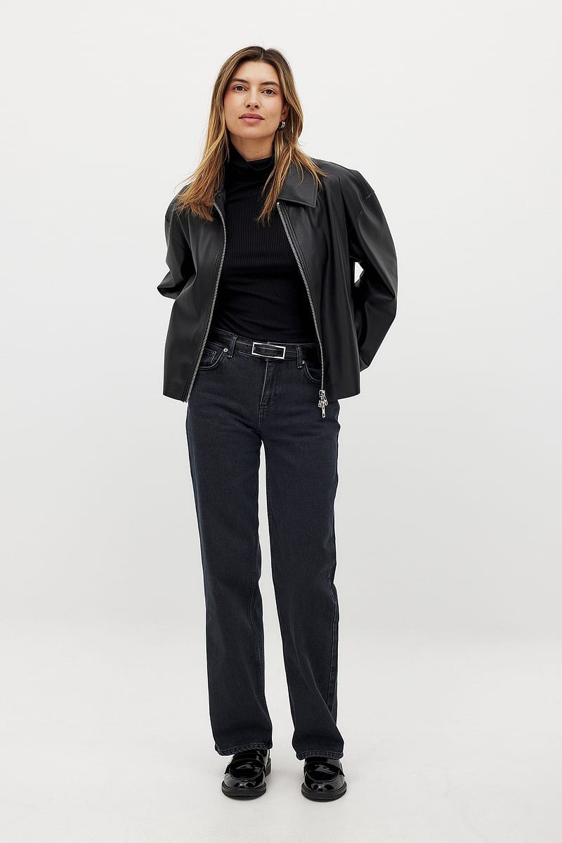 Mid Waist Slim Straight Denim - Dark Grey