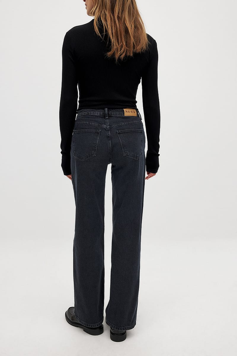 Mid Waist Slim Straight Denim - Dark Grey