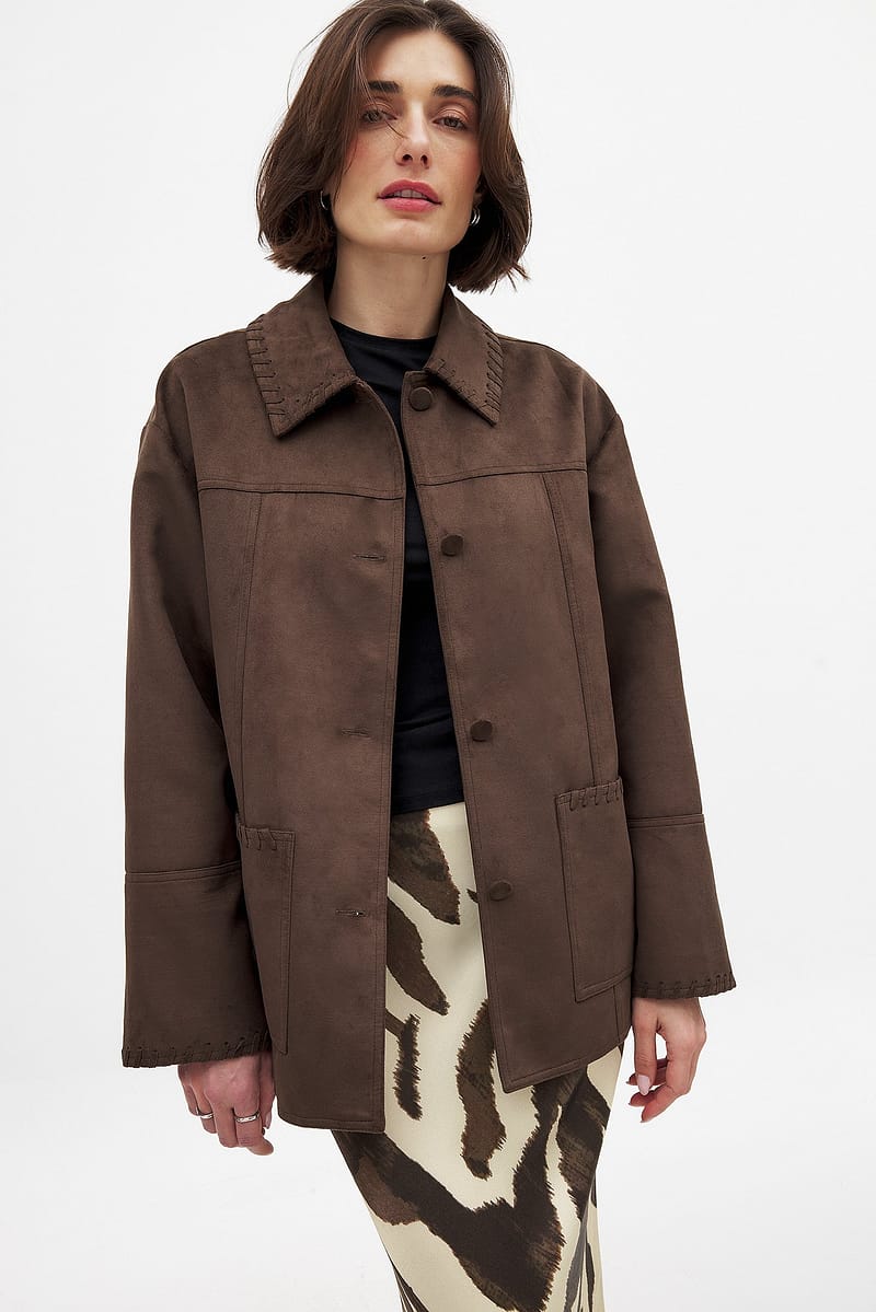 Faux Suede Seam Detail Jacket - Brown