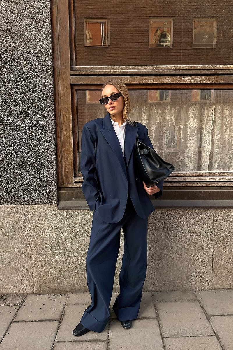 Fold up Wide Mid Waist Pants - Navy