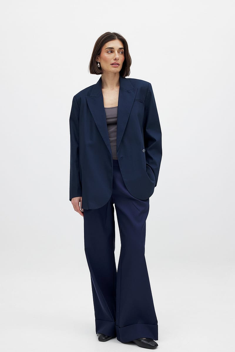 Fold up Wide Mid Waist Pants - Navy
