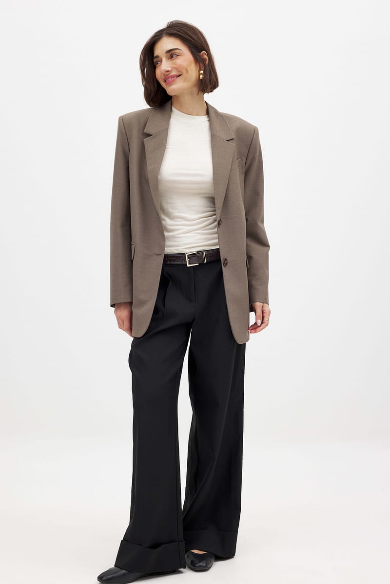 Fold up Wide Mid Waist Pants - Black