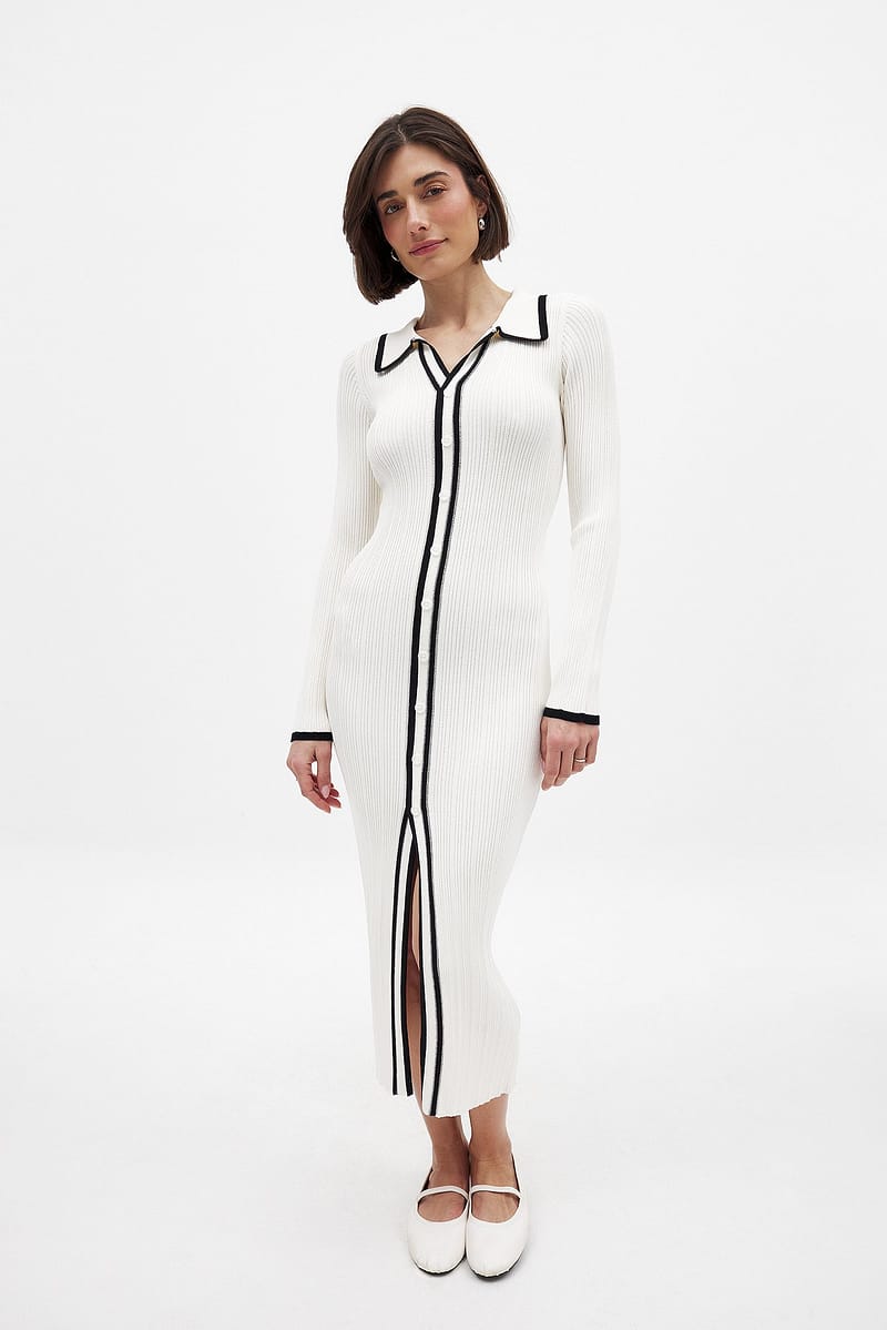 Knitted Contrast Button Midi Dress - Offwhite