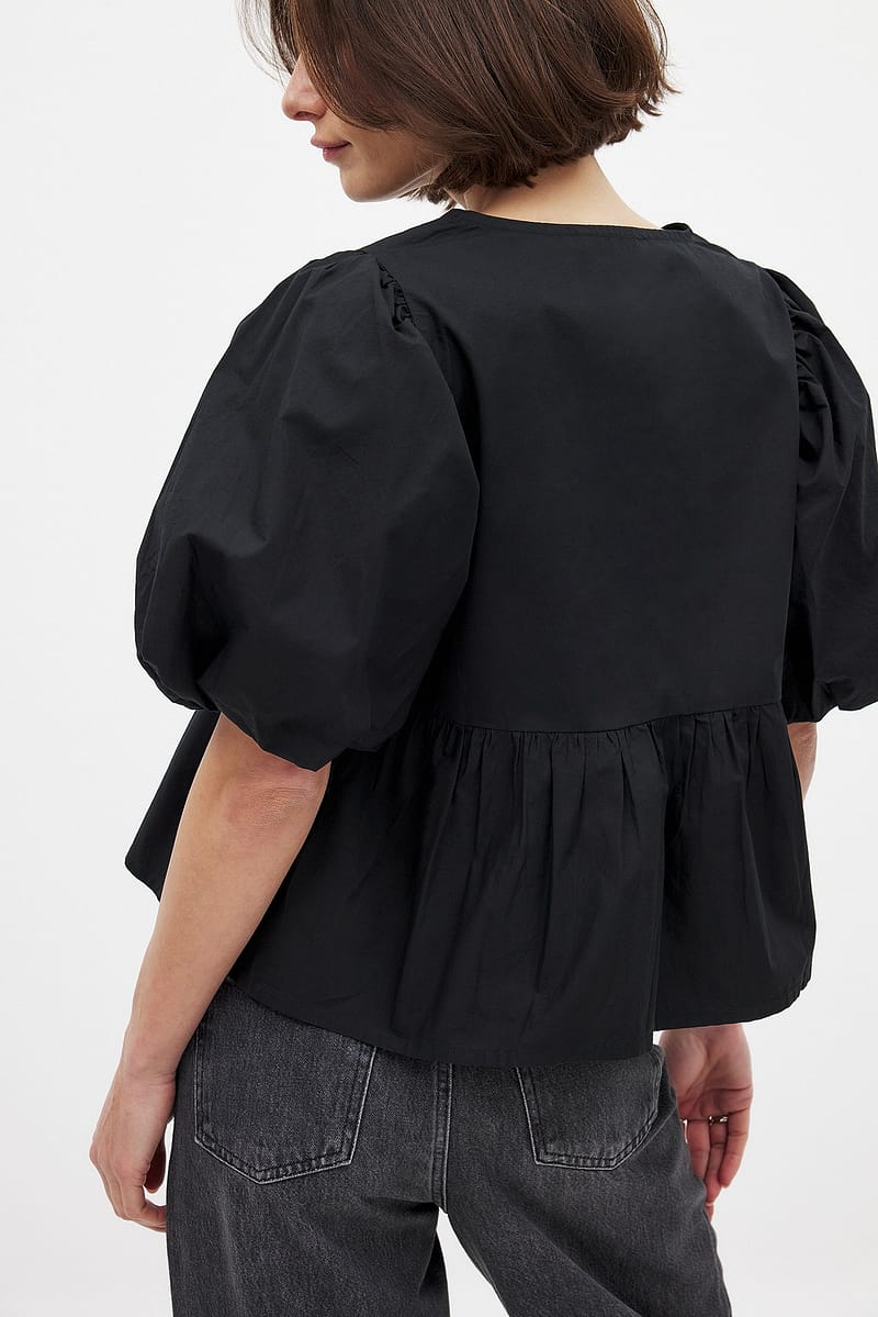 Cotton Puff Sleeve Tie Front Blouse - Black