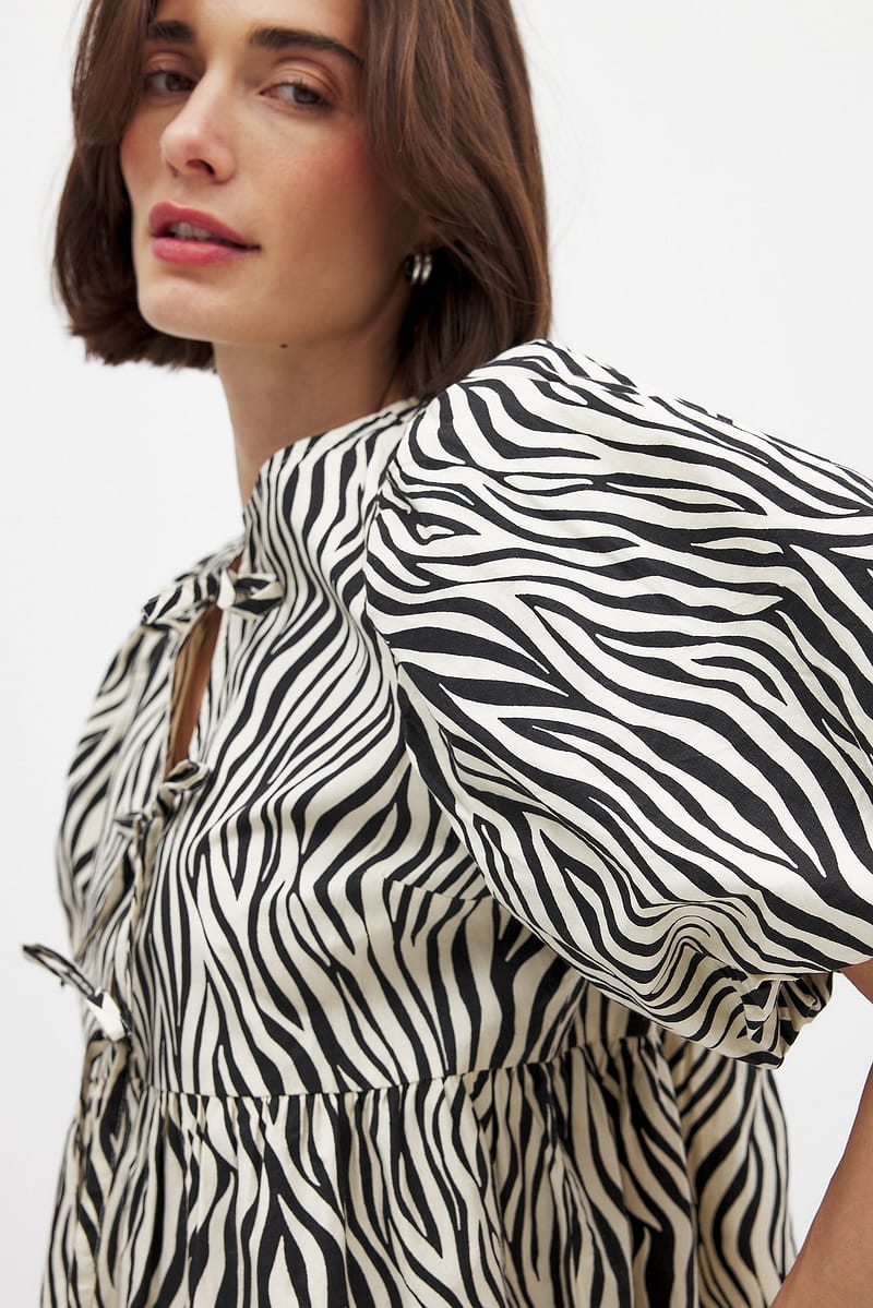 Cotton Puff Sleeve Tie Front Blouse - Multicolor