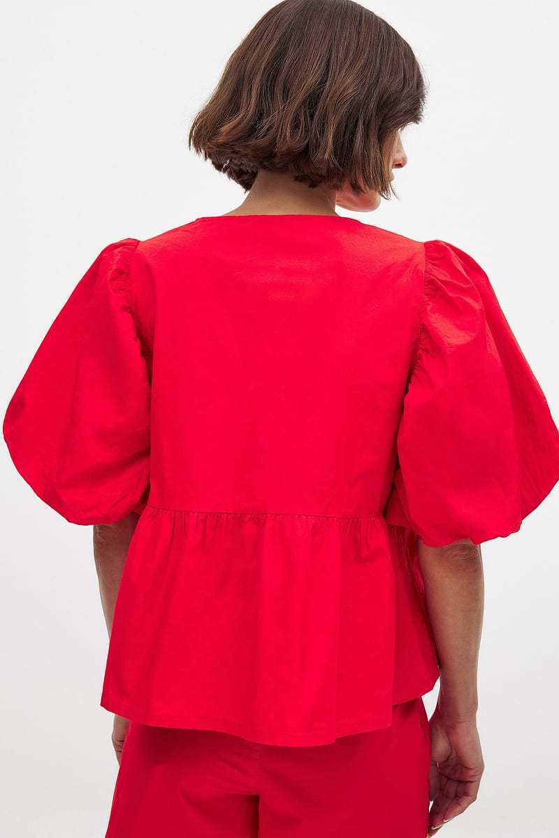 Cotton Puff Sleeve Tie Front Blouse - Red