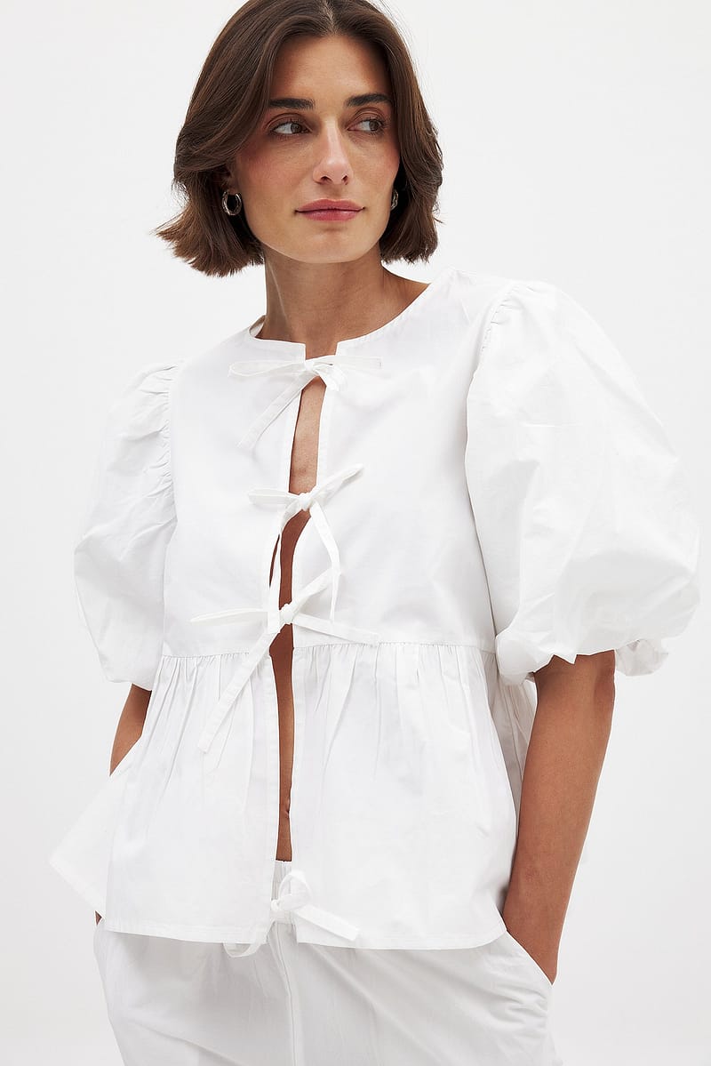 Cotton Puff Sleeve Tie Front Blouse - White
