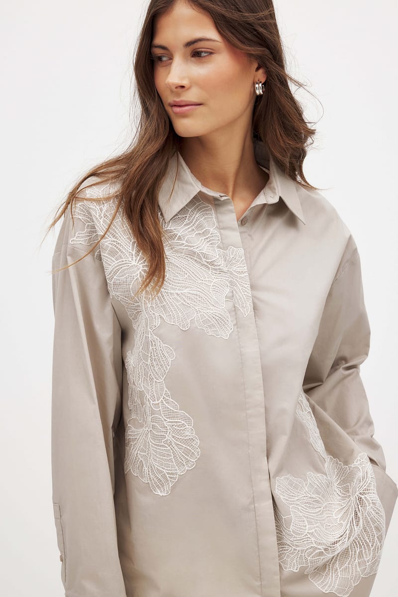 Cotton Embroidered Lace Shirt - Beige