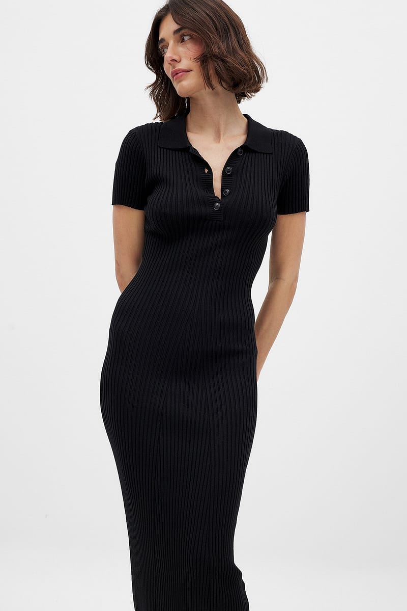 Knitted Short Sleeve Button Dress - Black