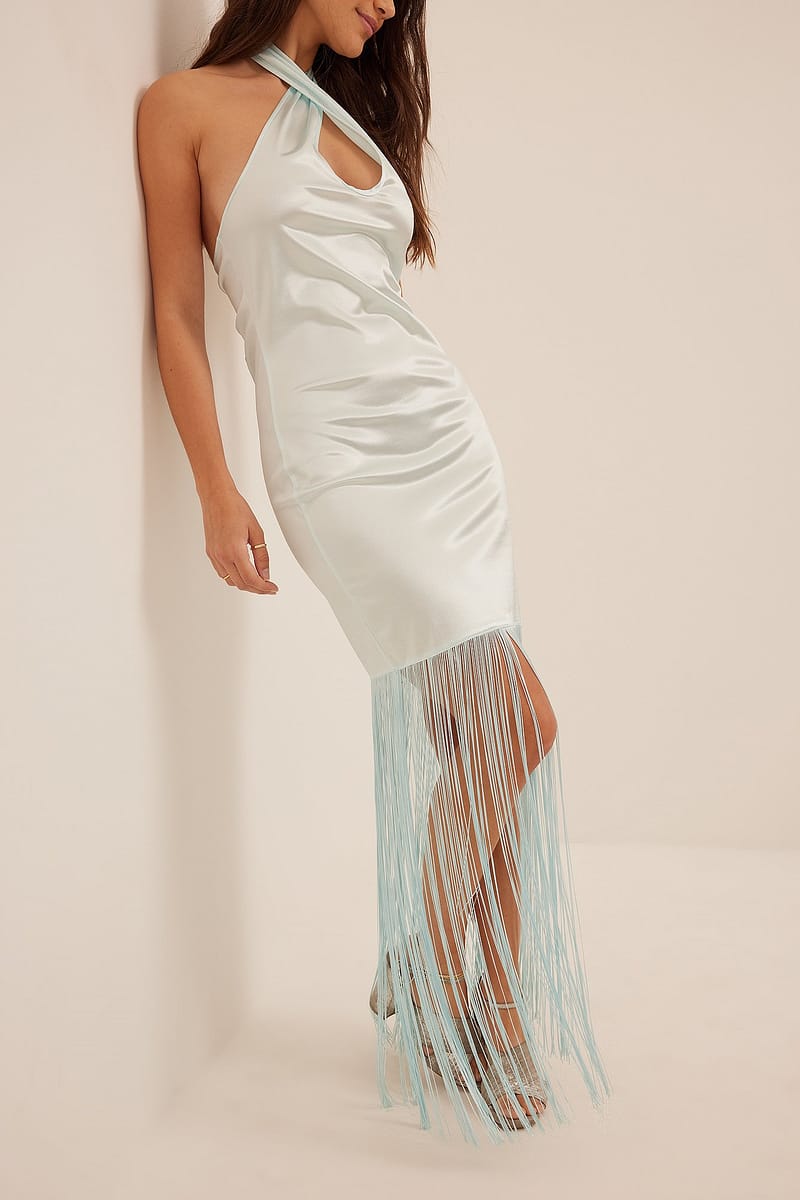 Halterneck Fringe Detail Dress - Blue